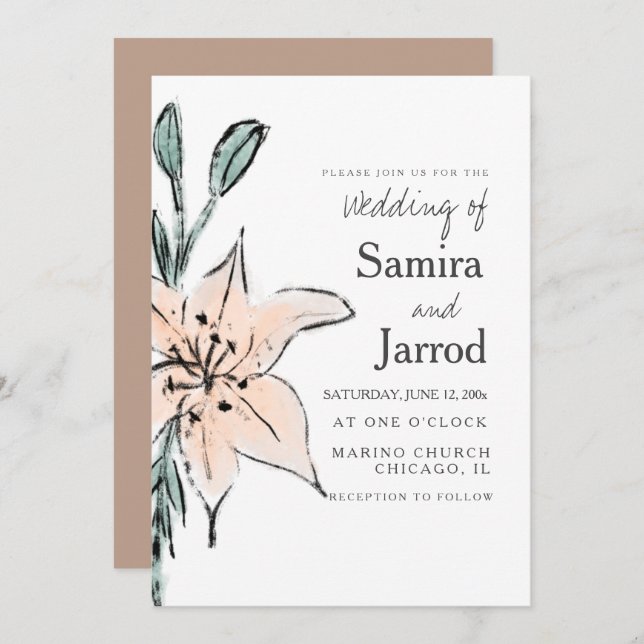 Watercolor Lily Floral Line Art Ink Sketch Wedding (Front/Back)