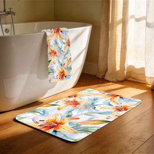 Watercolor Lily Floral Pattern Bath Mat