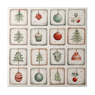 Watercolor Lineart Christmas Pattern Ceramic Tile