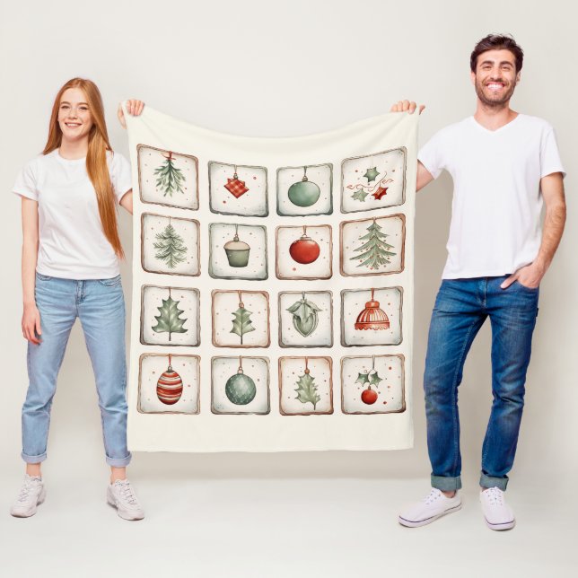 Watercolor Lineart Christmas Pattern Fleece Blanket (In Situ)