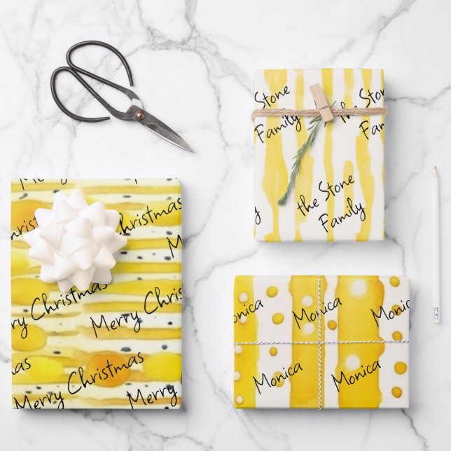 watercolor lines stripes esthetic custom yellow wrapping paper sheet (Front)