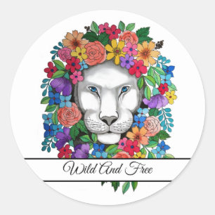 Watercolor Lion And Rainbow Flowers Classic Round Sticker