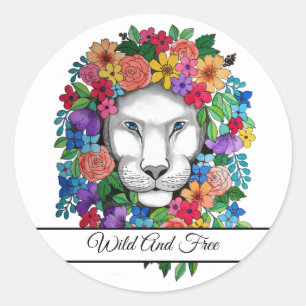 Watercolor Lion And Rainbow Flowers Classic Round Sticker