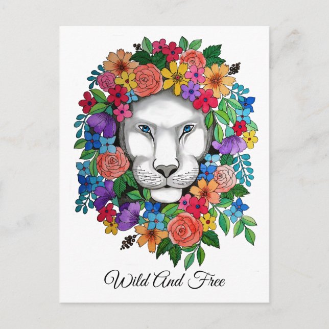 Watercolor Lion And Rainbow Flowers Postcard (Front)