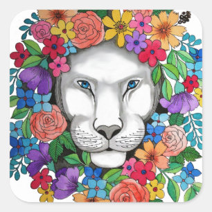 Watercolor Lion And Rainbow Flowers Square Sticker