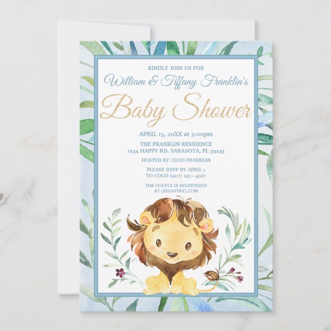 Watercolor Lion Boy's Blue Baby Shower Invitation (Front)