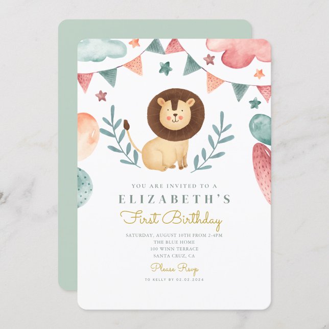 Watercolor Lion Cute  Baloons 1st Birthday Invitation (Creator Uploaded)