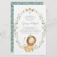 Watercolor Lion Prince Baby Boy Bautizo Invitation