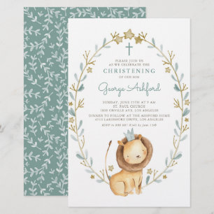 Watercolor Lion Prince Boy Christening Invitation
