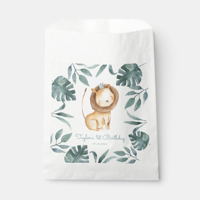 Watercolor Lion Prince Tropical Safari Birthday Favour Bag (Front)