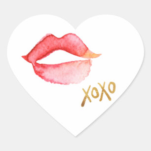 Watercolor Lips & Gold Foil XOXO Heart Sticker
