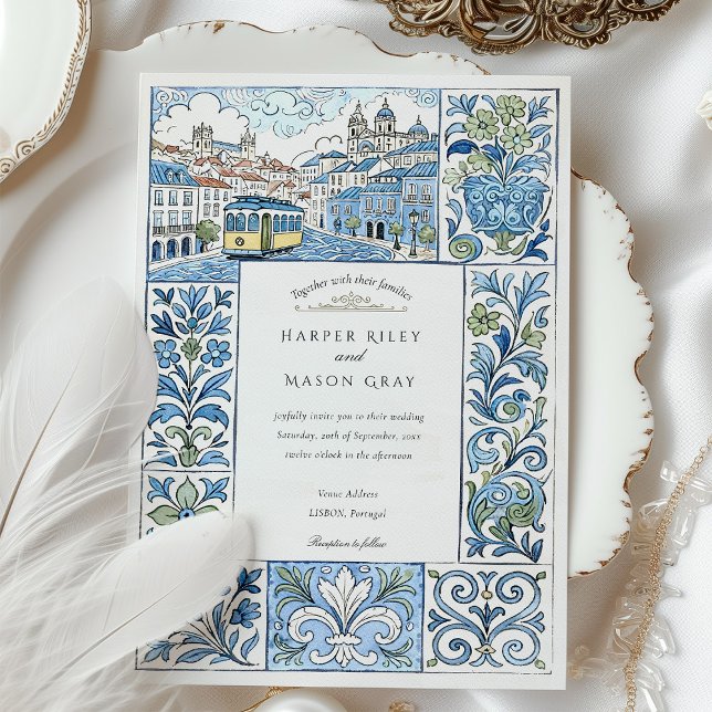 Watercolor Lisbon Hand-Painted Azulejos Wedding Invitation (Creator Uploaded)