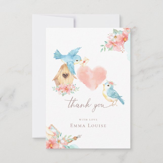 Watercolor Little Birds Girl Baby Shower Thank You Card (Front)