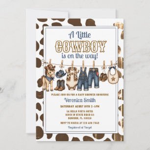 Watercolor Little Cowboy Baby Shower Clothesline Invitation