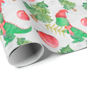 Watercolor Little Dinosaur Dressed for Christmas Wrapping Paper