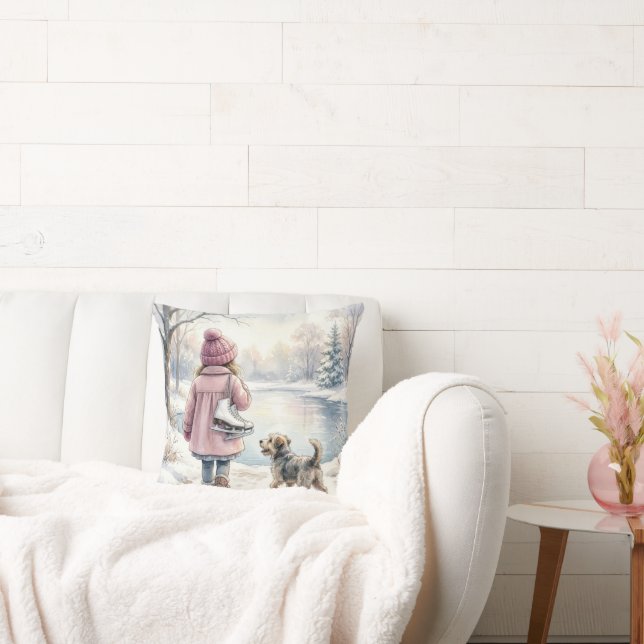 Watercolor Little Girl With Ice Skates and Dog Cushion (Couch)