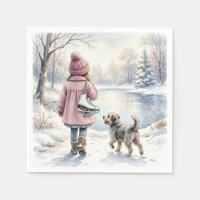 Watercolor Little Girl With Ice Skates and Dog Napkin (Front)