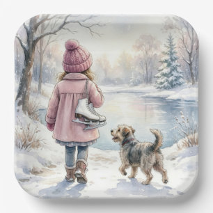 Watercolor Little Girl With Ice Skates and Dog Paper Plate