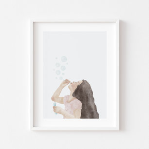 Watercolor little girls blowing bubble poster