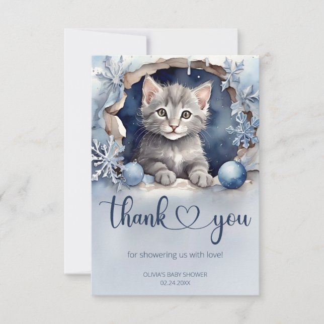 Watercolor little kitten Winter Baby Shower Thank You Card (Front)
