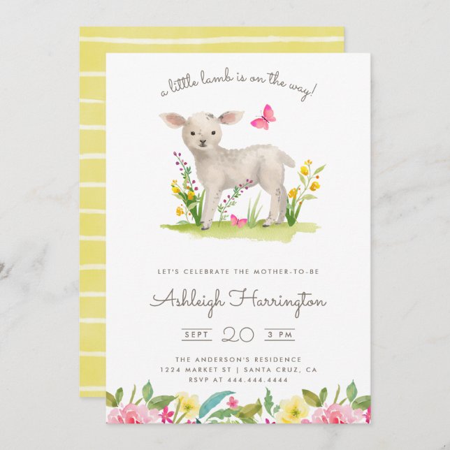 Watercolor Little Lamb Spring Meadow Baby Shower Invitation (Front/Back)