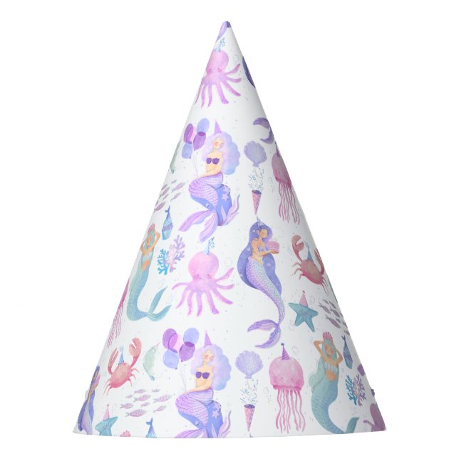 Watercolor Little Mermaid Magical Birthday Party Hat (Front)