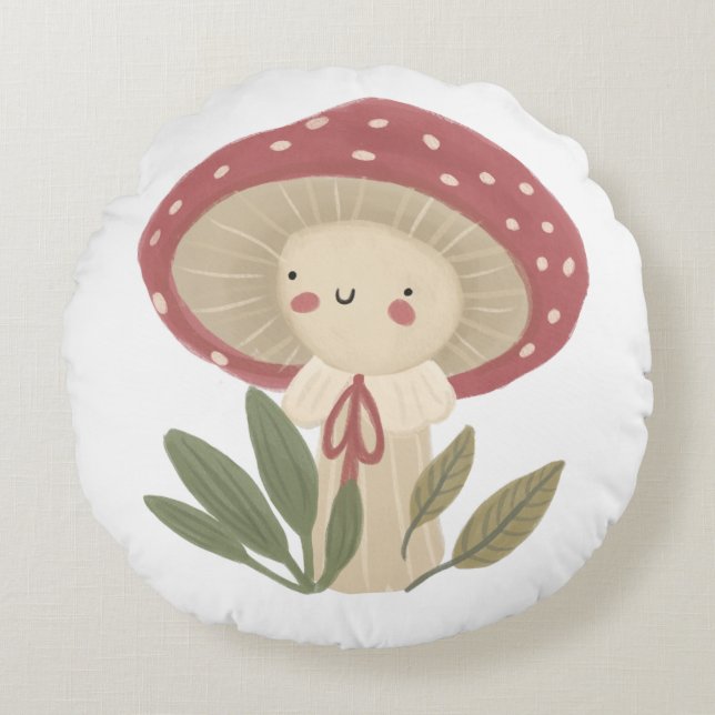 Watercolor Little Mushroom Cute  Round Cushion (Front)