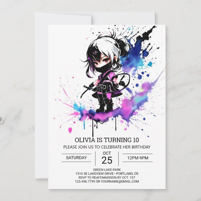 Watercolor Little Ninja Girl Birthday Invitation (Front)