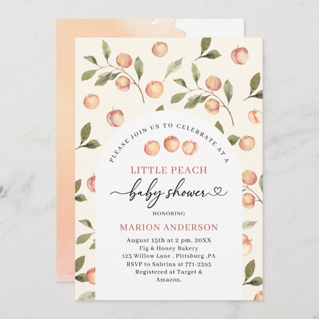 Watercolor Little Peach Baby shower  InvInvitation Invitation (Front/Back)