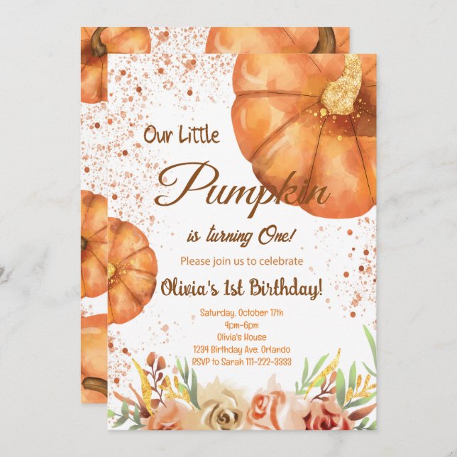 Watercolor Little Pumpkin Autumn Birthday Invite (Front/Back)