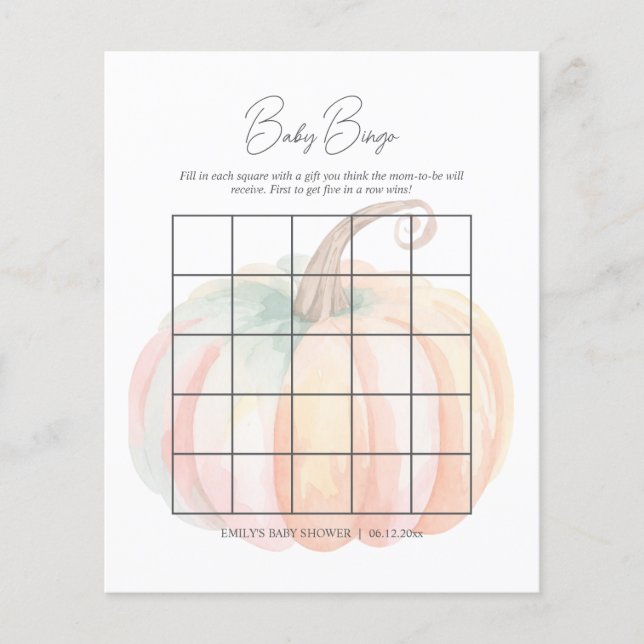 Watercolor Little Pumpkin Baby Shower Bingo Game (Front)