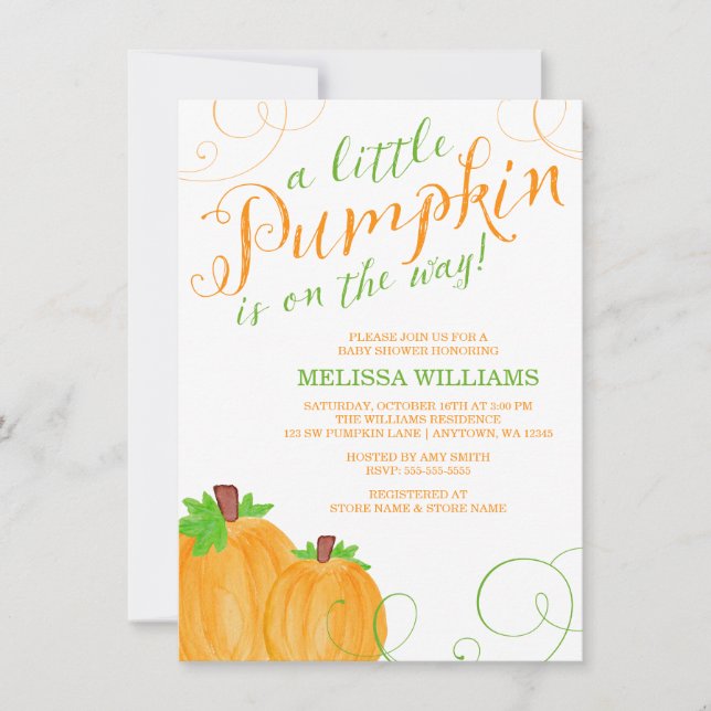 Watercolor Little Pumpkin Fall Baby Shower Invitation (Front)