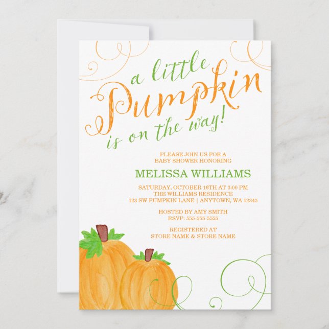 Watercolor Little Pumpkin Fall Baby Shower Invitation (Front)