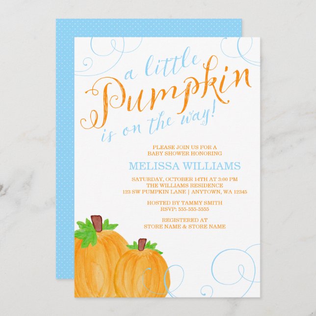 Watercolor Little Pumpkin Fall Boy Baby Shower Invitation (Front/Back)
