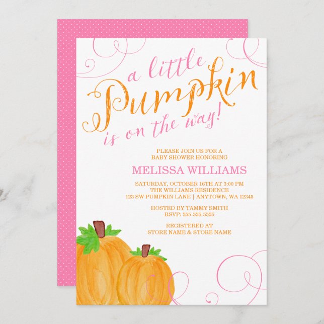 Watercolor Little Pumpkin Fall Girl Baby Shower Invitation (Front/Back)