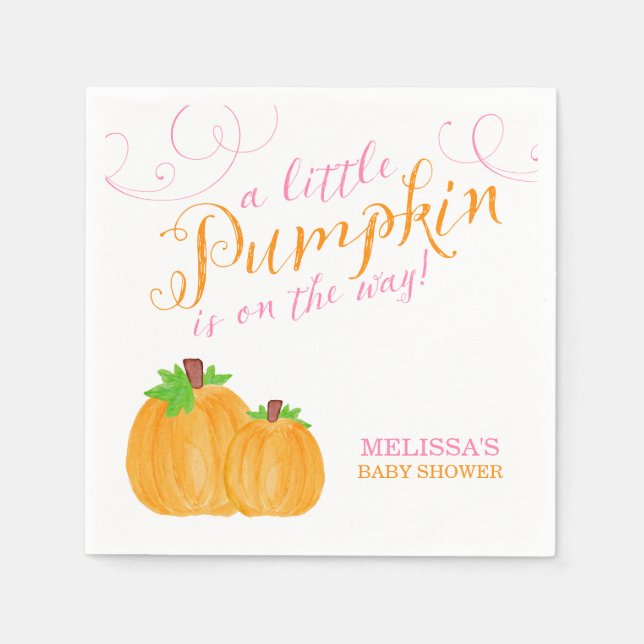 Watercolor Little Pumpkin Fall Girl Baby Shower Napkin (Front)