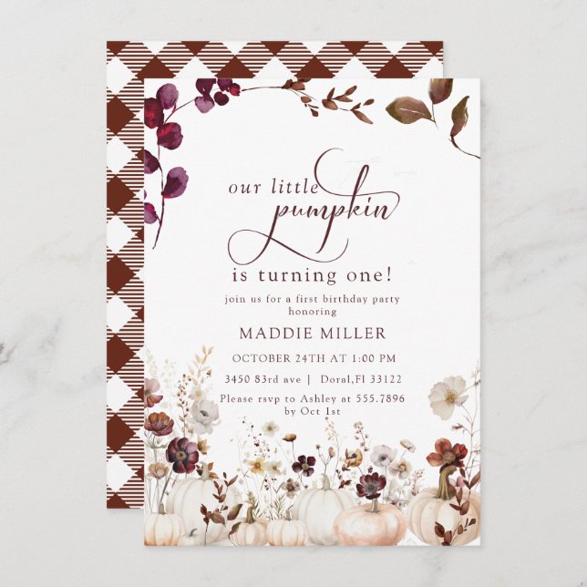 Watercolor Little Pumpkin | Floral First  Birthday Invitation (Front/Back)