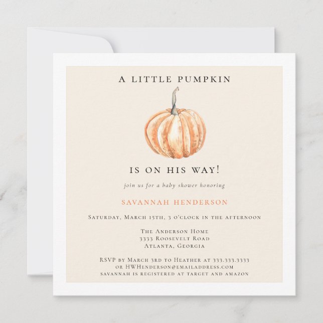 Watercolor Little Pumpkin On The Way Baby Shower Invitation (Front)