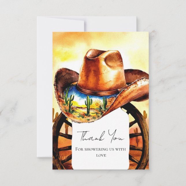 Watercolor Little Rodeo Cowboy Baby Shower Thank You Card (Front)