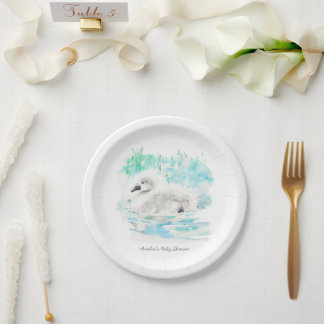 Watercolor Little Swan Baby Shower Paper Plate