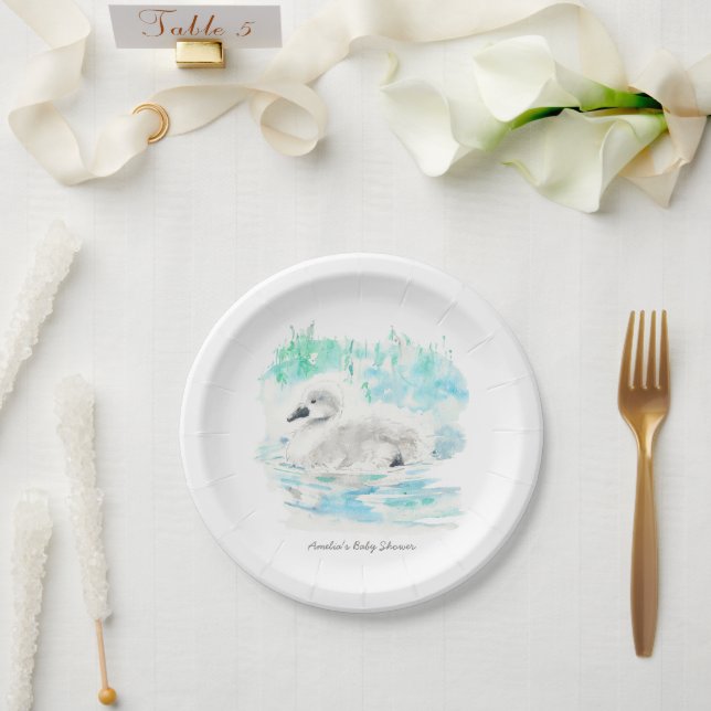 Watercolor Little Swan Baby Shower Paper Plate (Wedding)