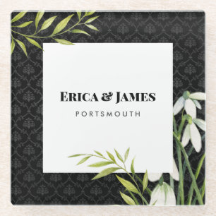 Watercolor Little White Snow Drops & Laurel Damask Glass Coaster