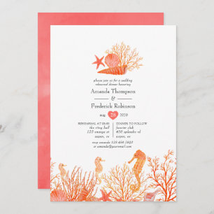 Watercolor Living Coral Beach Rehearsal Dinner Invitation