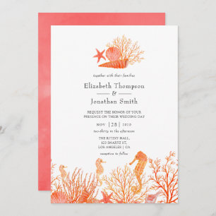 Watercolor Living Coral Beach Wedding Invitation