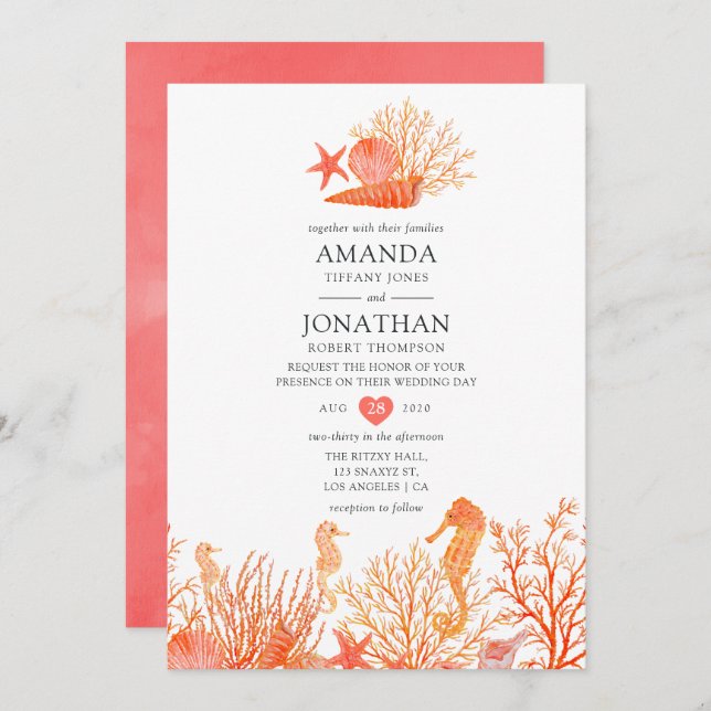 Watercolor Living Coral Beach Wedding Invitation (Front/Back)