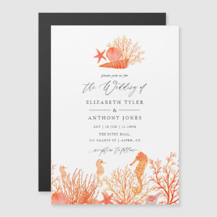 Watercolor Living Coral Beach Wedding Magnetic Invitation