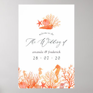 Watercolor Living Coral Beach Wedding Welcome Poster