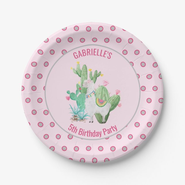 Watercolor Llama and Cactus - Girls Birthday Party Paper Plate (Front)