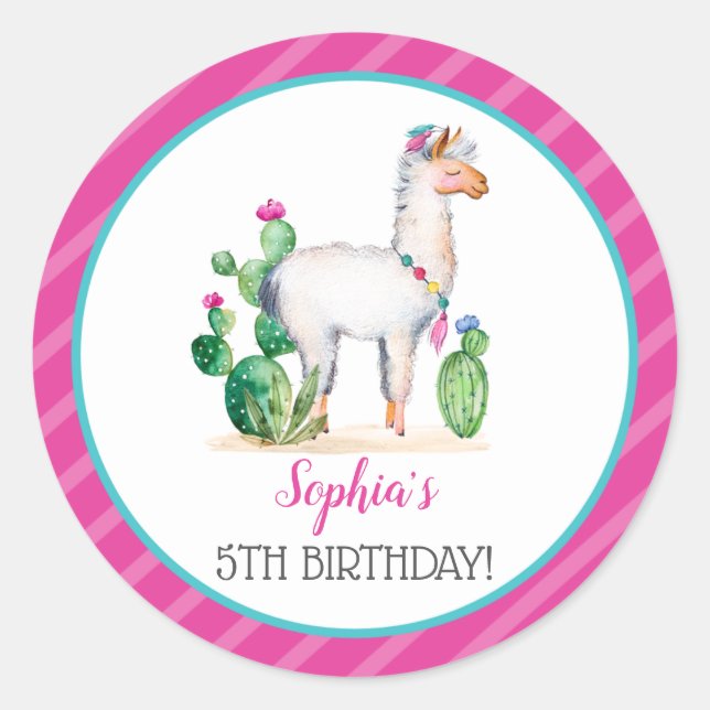 Watercolor Llama Birthday Classic Round Sticker (Front)