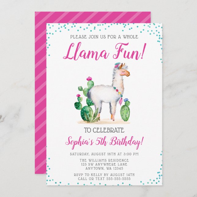 Watercolor Llama Birthday Invitations (Front/Back)